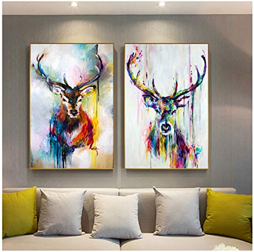 Keliour Moderne Kunst Wandbild Bunte Hirsch Bilder Tier Poster Leinwand Malerei Wandkunst für Wohnzimmer Home Dekorative Bilder -60x80cm Kein Rahmen
