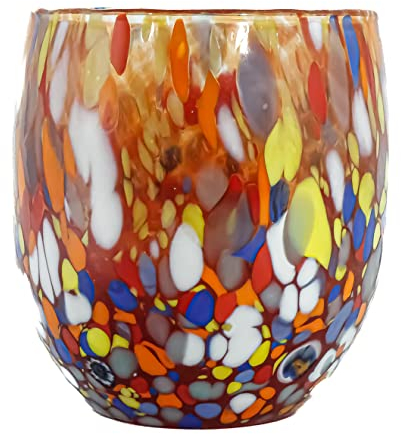 Murano Glass Drinking Glass Tumbler Multi Coloured Hand Painted Millefiori 9cm (Multi Orange)