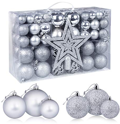 Homewit 98-teilig Weihnachtskugeln Weihnachtsdeko Set, Weihnachtsbaumspitze Stern Weihnachtsbaumschmuck Set in Silber, Kunststoff Weihnachtsbaumkugeln mit Aufhänger Plastik Christbaumkugeln, Mehrweg