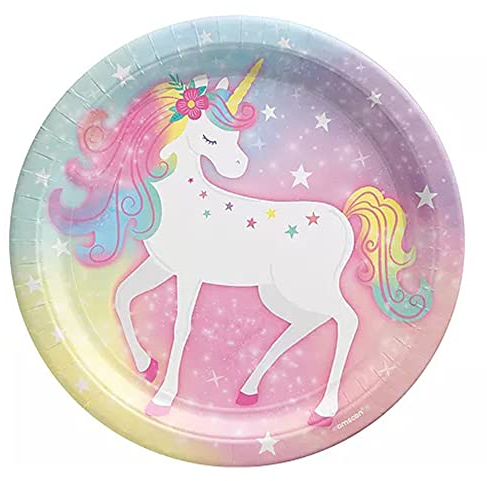 amscan 540829 - Piatti di carta rotondi con unicorno incantato, 18 cm, 8 pezzi