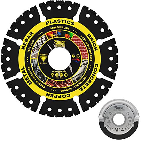 SabreCut VB115MUGRB 115 mm x 22,23 mm Foro cavo brasato Smerigliatrice angolare a taglio multimateriale Disco con lama diamantata e dado flangiato di bloccaggio M14 da 45 mm a cambio rapido