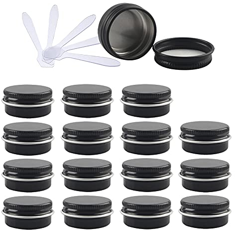 ZEOABSY 96 Pieces 10ml Gloss Black Empty Round Aluminium Tins with Screw Lids Storage Jars Cosmetics Containers Pots for Candle Lip Balm Salve Powder Crafts with 6 Spatula