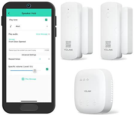 YoLink SpeakerHub & Two Door Sensors Smart Home Starter Kit – Audio Hub Plays Tones/Sounds, Spoken Messages, LoRa-Powered ¼ Mile Range, WiFi Required