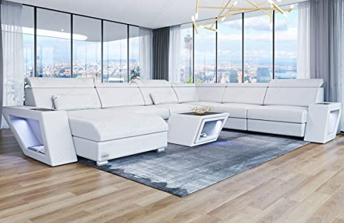 XXL Sofa Wohnlandschaft Catania mit USB und Beleuchtung Ledersofa in U Form Couch mit Kopfstützen (Ottomane Links, White)