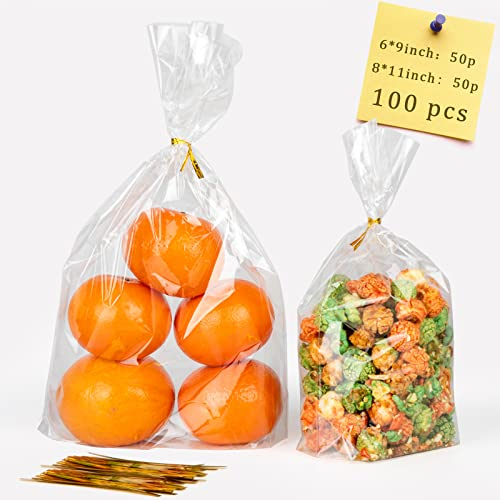 ATBCHS Flat Bottom Cellophane Bags 100Pcs Treat Bags with Ties 2 Sizes Cellophane Gift Bags Clear Goodie Bags for Packaging Favor Cookie Candy Gift Wrapping