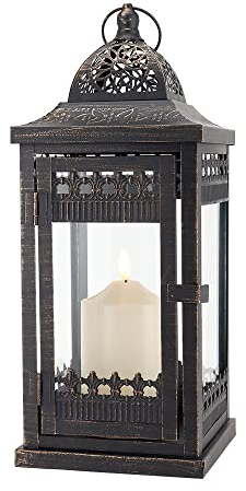 JHY DESIGN Dekorative Kerzenlaternen 37cm Hohe Hängelaterne im Vintage-Stil, Kerzenhalter aus Metall für drinnen und draußen, Veranstaltungen, Paraden und Hochzeiten(Schwarz mit Goldbürste)