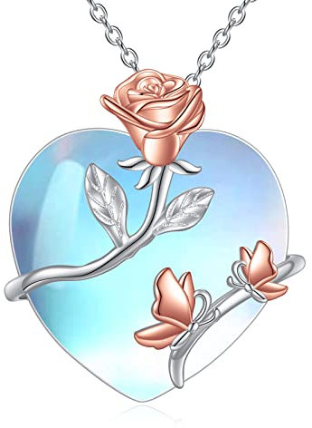 YAFEINI Collier avec Pendentif Papillon en Argent Sterling Avec Pierre de Lune et Fleur de Rose Bijoux en Forme de Rose Cadeaux Femmes Filles (Collier rose pierre de lune)
