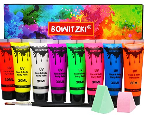 Bowitzki UV-Neon-Körperfarbe, 8 x 30 ml, Gesichtsbemalungsset, Schwarzlicht, im Dunkeln leuchtendes Make-up-Set, fluoreszierende Gesichtsbemalung für Erwachsene,Festival