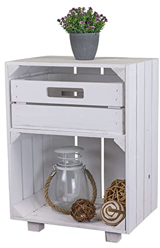 Kistenkolli Altes Land Nachttisch Abstelltisch weiß/geflammt mit Schublade ca 30x40x55cm Regalkiste Flaschenablage Weinregal Nachtschrank Weinkiste (Weiss)