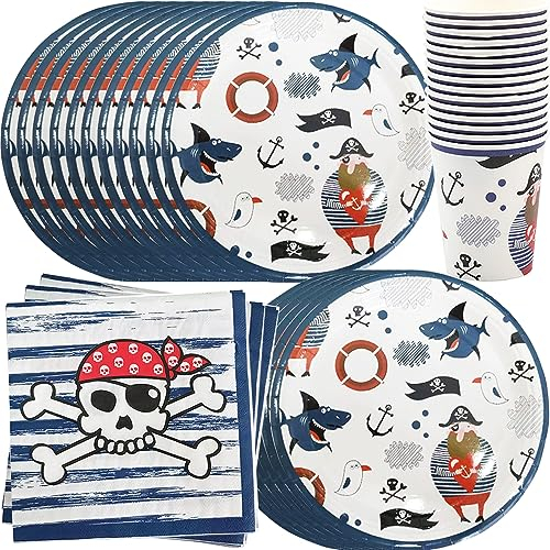 YGCHEN Piraten Partygeschirr Kindergeburtstag Geschirr Piraten Party Geschirr Geburtstag Dekoration Pappbecher Pappteller Servietten Jungen Geburtstagsfeier Geschirr Set 16 Gästen, YC-1146