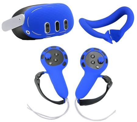Silicone Protective Cover Set Compatible with Meta Quest 3, Front Shell Headset Cover + VR Face Cover + Touch Controller Grip Covers Replacement VR Accessories (Blue)