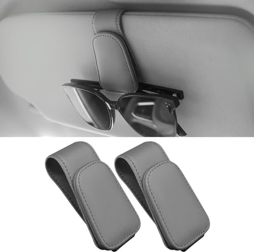 Anwlki Brillenhalt Brillenhalter für Auto Sonnenblende 2 Packungen Magnetisch Leder Sonnenbrillenhalter Auto Brillenhalterung Ticket-Karten-Clip (Grau)