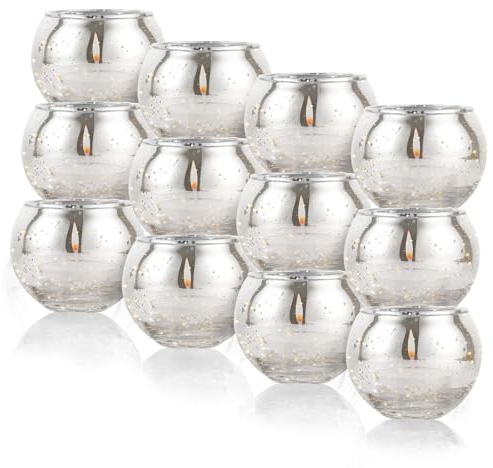 ZOFUN 12 portavelas redondas de cristal de mercurio, portavelas con 12 velas de té blancas, portavelas votivas redondas, para cumpleaños, Navidad, regalo