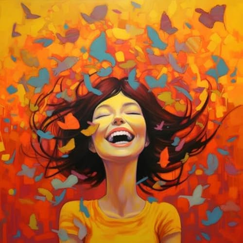 adrium Acryl-Bild 50 x 50 cm: Lächelnde Frau mit fliegenden Schmetterlingen im Gesicht. Bunter Hintergrund. (208729301)