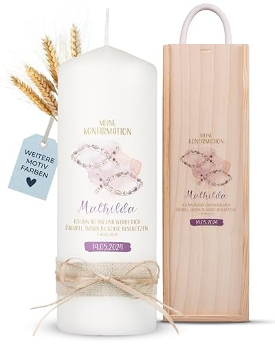 AMARI ® Konfirmationskerze personalisiert Fischsymbol (002.09.07) 20/7 cm- Kerze Konfirmation - Konfirmationskerze mit Namen und Datum - Konfirmation Kerze personalisiert Mädchen Junge