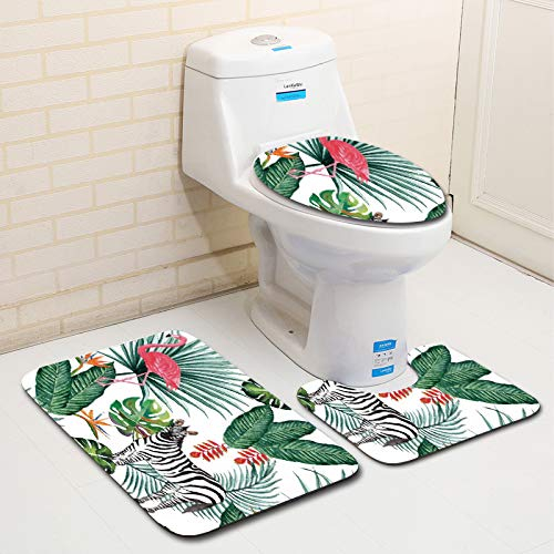 Bad Teppiche Set 3-Teiliges Tropisches Zebra WC Vorleger Mit Ausschnitt Badematte Saugfähig WC Deckelbezug Badvorleger rutschfest Waschbar Toilettensitzbezug Badgarnitur (50x80cm)