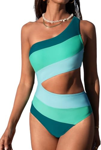 CUPSHE Damen Badeanzug One Shoulder Farbblock Zierausschnitte Asymmetrische Einteilige Bademode Swimsuit Grüner Farbblock M