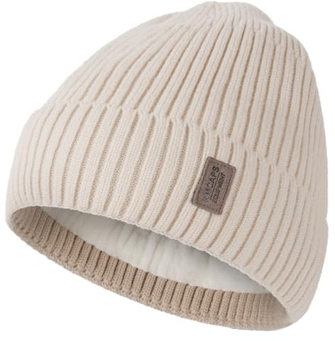Wmcaps Mütze Herren Winter, Thermo Strickmützen für Herren, Warme Fleece Laufmütze Beanie Damen Herrenmütze Winter, Winddichte Wintermütze Männer Gefütterte und Gepolsterte Unisex-Mütze(Weiß)