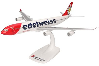 herpa Snap-Fit modellino aereo Edelweiss Air Airbus A340-300 – HB-JMC “Flumserberg”, miniatura in scala 1:200, pezzo da collezione, modello con supporto, plastica