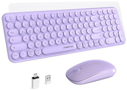 XTREMTEC kabellose Tastatur und Maus,Retro runde Schreibmaschine Tastatur,Slim Funktastatur leise Set,USB 2.4GHz Verbindung,kompakte Tastatur für Laptop,iMac,Windows,PC (Flieder)-Deutsche Tastatur
