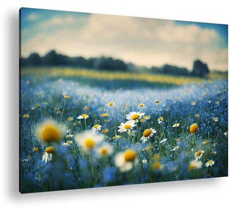 Leinwandbild Blumenwiese im Sommerlicht, Meer aus Blau und Gelb, Tanz der Natur. Format: 100x70 cm XXL Kunstdruck Bild auf Keilrahmen/Wandbild/Wohnzimmer Deko