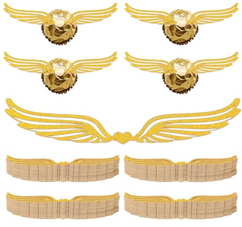 Xinjoduz 50 PCS Golden Glitter Wings, Wizard Party Chocolate Decorative Halloween Wings Cupcake Toppers with Glue Points for Themed Party Birthday Wedding Golden Snitch Wings Cake Decorations (Gold)
