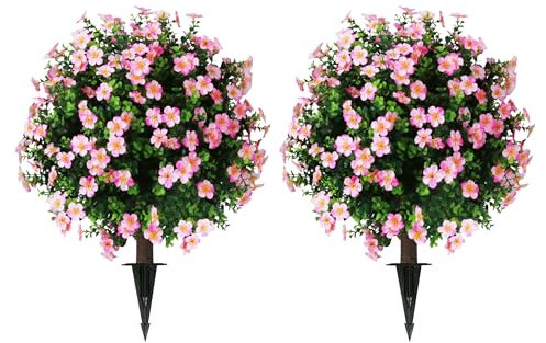 Sunnyglade Set of 2 Artificial Boxwood Topiary Ball Trees with Pink Flower, Faux Shrub Bushes with Ground Spike 25.5, UV Resistant Fake Boxwood Plants for Indoor, Garden, Porch, Patio Decor (Pink)