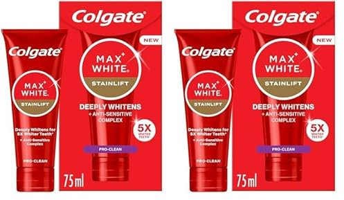 Colgate Max White Stainlift Pro Clean Toothpaste 75ml - 5X Whiter Teeth* in 3 Days - Sensitive Teeth whitening Toothpaste - 24/7 Protection for Sensitive Teeth and Enamel - removes deep-Set Stains.