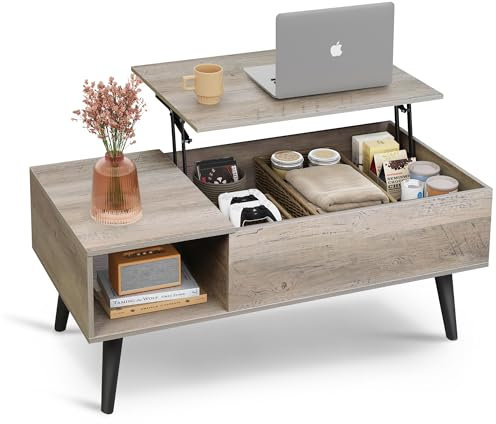 WLIVE Couchtisch Höhenverstellbar und Ausziehbar, Wohnzimmertisch mit Großem Verstecktem Staufach, Hebeplatte Kaffeetisch für Büro,50 x 100cm Sofatisch, Grau-Braun