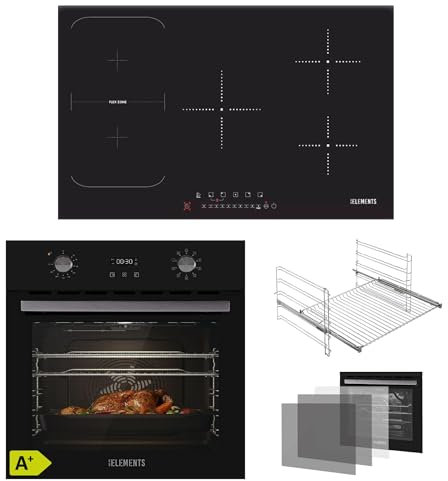 KB ELEMENTS Autarkes Herdset | 60cm Einbaubackofen 70 Liter | Induktionskochfeld 5 Zonen | 9-Funktionen | 3-fach Wärmeschutzverglasung | Rotisserie-Funktion | EEK A+ (Schwarz-Silber, 77CM)