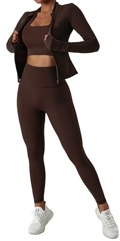 Belriviere Ensemble de survêtement deux pièces pour femme - Veste à manches longues et fermeture éclair - Legging taille haute - Ensemble d'entraînement, marron, XL