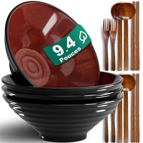 9.4Pollici 4 Set Ceramica Ramen Ciotole 16Pezzi - Porcellana Giapponese Lavastoviglie Microonde Insalata Pasta Zuppa Grandi Ciotole Con Bacchette Forchette Cucchiai Per Uomini Donne Regalo Della Casa