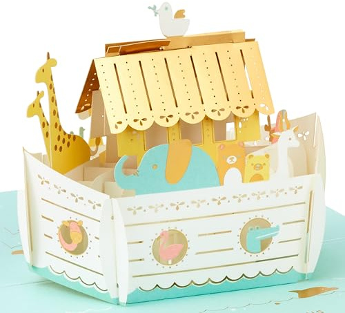 Hallmark New Baby Card 3D & Pop Up Noah's Ark Animals Design, Gold & Blue | Measures 8.8cm x 17.3cm x 23.6cm, Laser Cut Detail, Suitable for Girl or Boy, Signature White Envelope With Gold Foil Lining