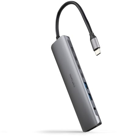 NANOCABLE 10.16.4608-8 in 1 USB-C Hub, USB-C 3.1 zu 2xUSB-A 3.0 + 3xUSB-C 3.0 + USB-C PD + HDMI 4K@60Hz + 3.5mm Audio Klinke, Aluminium, Grau, 18 cm