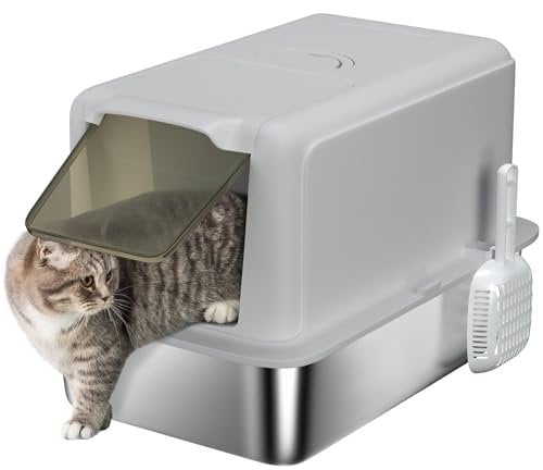PawHut Stainless Steel Cat Litter Box, Extra Large Metal Cat Litter Tray with Lid, Scoop, Filter Bags, Grey