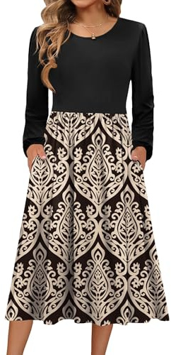 Zeagoo Kleid Damen Langarm Herbstkleid Rundhals Strickkleid Winterkleid | Elegant Midikleid | A-Linie Tunikakleid | Leichte Pulloverkleid | Freizeitkleid mit Taschen | S-XXL