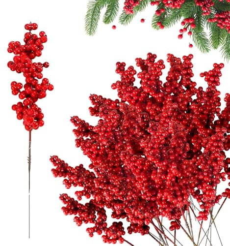 ZoneYan Künstliche Beeren Rot, 30 Stück Künstliche Holly Berry, Rote Beeren Deko Weihnachten, KünstlicheRote StechpalmenBeeren, Holly Berry Beerenzweig für Christbaumschmuck und Weihnachtskranz