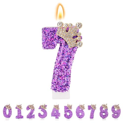 TESGADGETS Lila Geburtstagskerzen, kombinierbare Kronen-Geburtstagskerzen mit Zahl 7 für Kuchen, glitzernde Kerze mit der Zahl 7 als Kuchenaufsatz für Jubiläumsfeiern