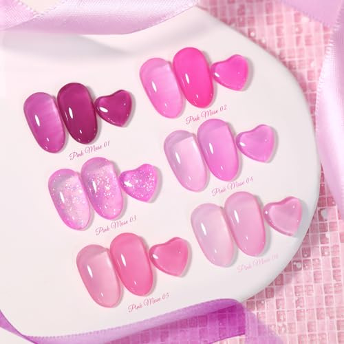 BORN PRETTY Jelly Gel Nail Polish Set, Crystal Translucent Neon Hot Pink Glitter Gel Polish 6 Colors Soak Off U V LED for Nail Art Salon DIY Home, Best Gift for Women