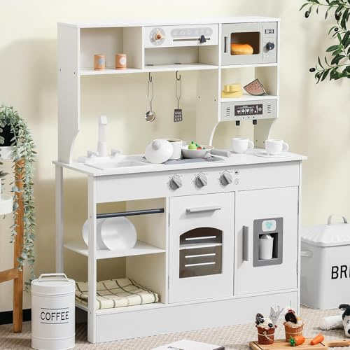 SainSmart Jr. Kinderküche Holz Spielküche Creme XXL, Eiswürfelspender, ab 3 | Größe ca. 100x80x30 cm, mit Mikrowelle, Backofen, Spüle & Eiswürfelspender, EN71 geprüft, ab 3 Jahren