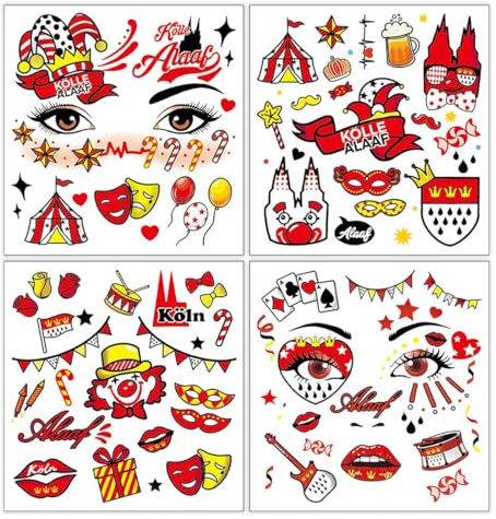 4 Stück Bogen Gesichtstattoo Karneval Köln Accessoires Face Tattoo Kölle Alaaf Köln Tattoos Karneval Aufkleber Gesicht Karneval für Karneval Kostüm Köln Fasching Kostüm
