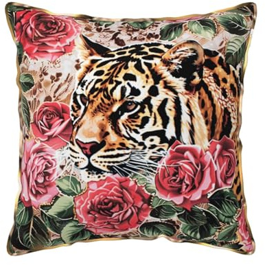 animal Tiger Leopard Print Rose Flower Printed Velvet Cushion Cover 50x50 CM with Gold Edging Strip, Square Pillowcase Soft Throw Pillow Covers Case Decorative for Living Room Sofa Couch Bed Bench