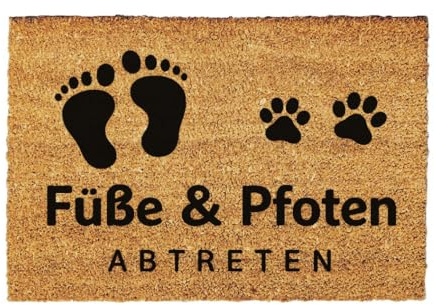 Giftstory Kokosmatte Fußmatte Kokos „Füße und Pfoten Bitte abtreten“ für Innen und Außen 80x50 Fussmatte Haustür - Willkommen Doormat Mat Lustig Türmatte - Geschenk Gift Gadget