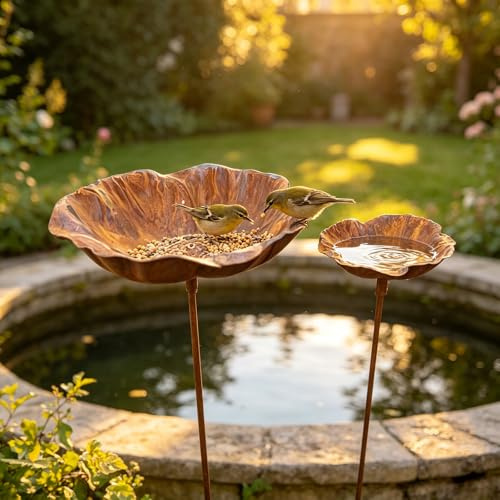 Huicare Gartendeko Vintage, Regenfänger Gartenstecker Rost, Insektentränke Garten, Metall Gartendeko für Draußen, Gartenstecker Naturrost, Eisen (D)