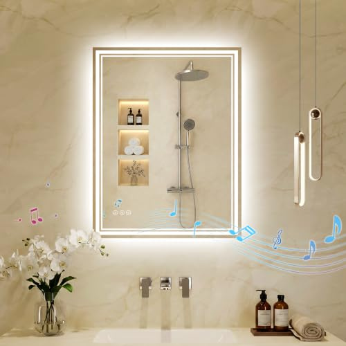 Zurehome Bathroom-Mirror-with-LED-Lights 45x60cm: Bluetooth LED Bathroom Mirror with Shaver Socket, Anti Fog, 3 Colors Dimmable, Touch Sensor, Memory Function Illuminated Smart Mirror for Wall