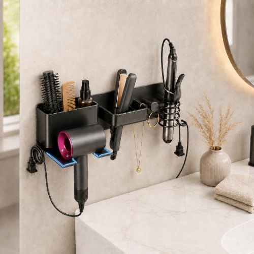 AJIEQAQ Fönhalter Ohne Bohren für Dyson Supersonic Haartrockner & Airwrap | Edelstahl, Kratzschutz-Silikon, Kabelaufwicklung, Multifunktionale Aufbewahrung, Mattschwarzes Finish