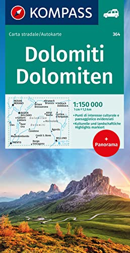 KOMPASS Autokarte Dolomiti, Dolomiten, Dolomites 1:150.000: mit Panorama, kulturelle und landschaftliche Highlights eingezeichnet