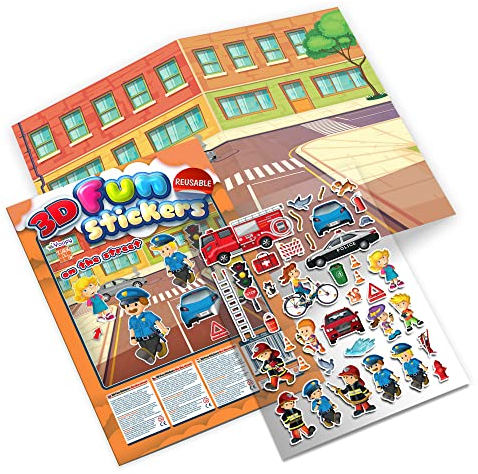 3D Aufkleber für Kinder - Auf der Strasse, Doppelseitigen Hintergrund + 38 Stück, Wiederverwendbare und Wasserfester 3D Sticker Set for Kids - TakTik