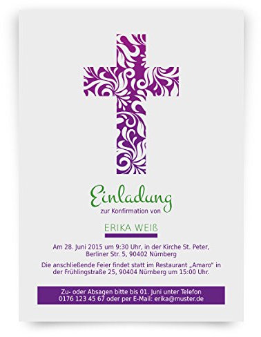 Einladungskarten zur Konfirmation (20 Stück) Blumenkreuz Kreuz Lila Konfirmationseinladung