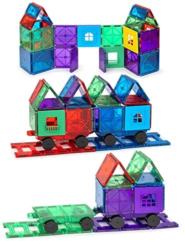 Playmags 50 Pcs Magnetic Building Tiles Set Age 3+ for Kids with 4 Cars - Stronger 3D Magnetic Building Blocks - Building Tiles Set For Kids - STEM Toys